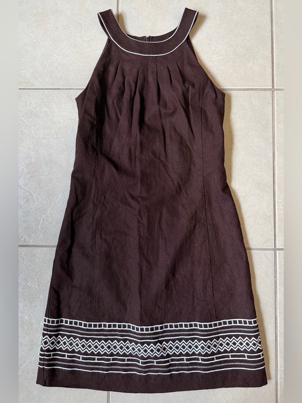 New Directions Dress Women 6 Brown Linen Blend Lined Zip Embroidered Career